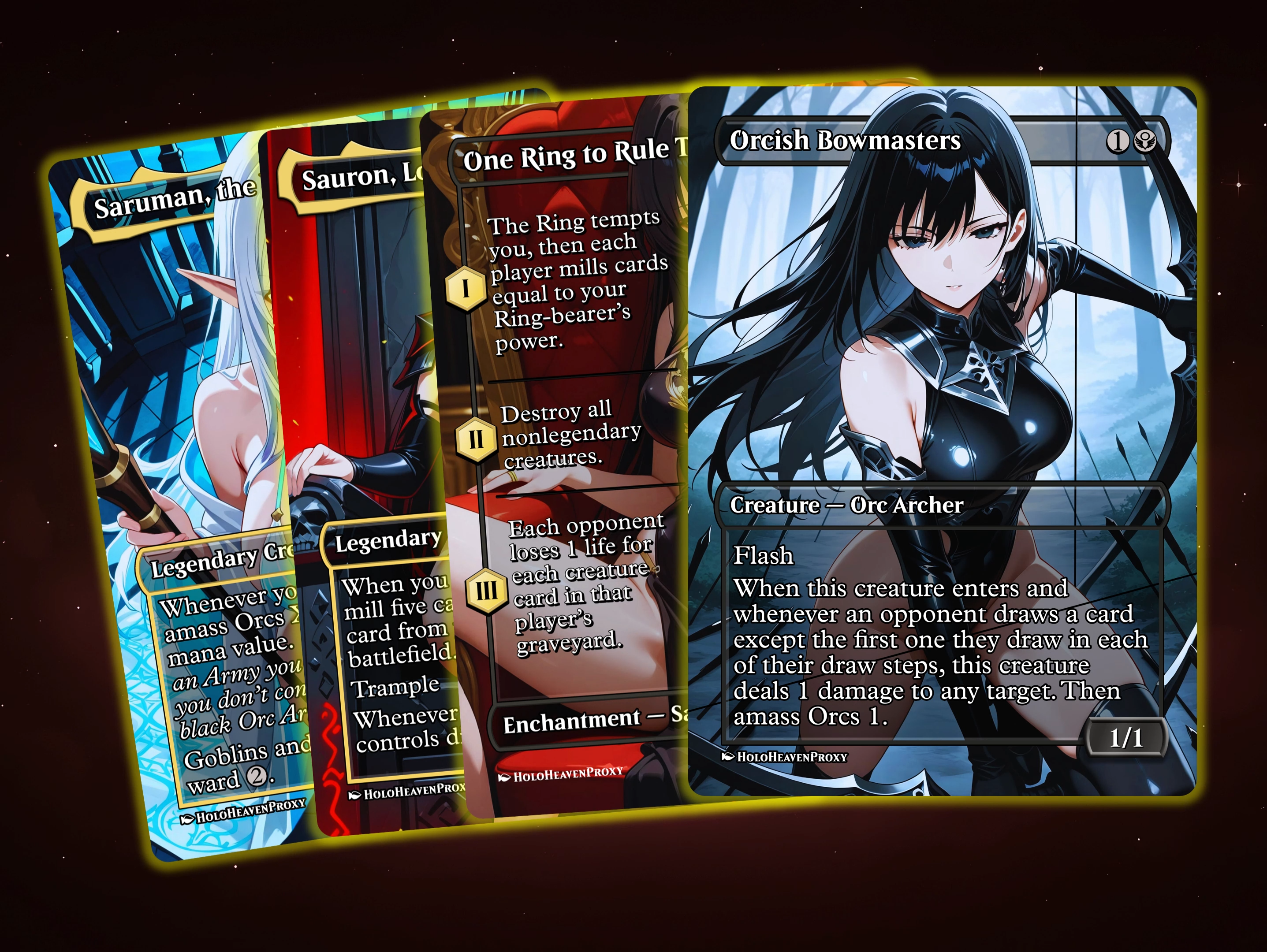 Video showcasing the custom art and mtg proxy cards you get in the Sauron proxy deck.